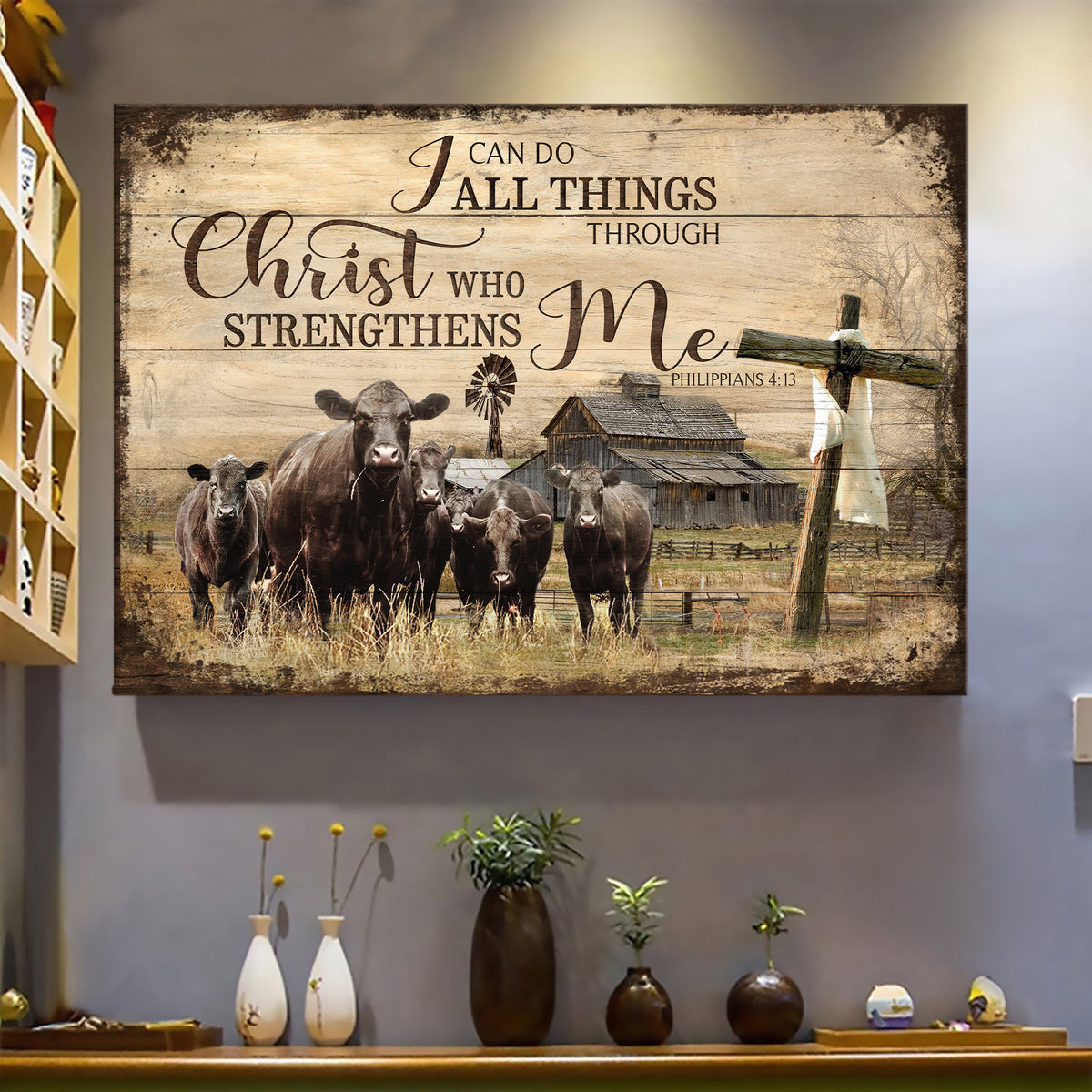 Angus cows, Tranquil farm, Wooden Cross, I can do all thing through Christ who strengthens me - Farm Landscape Canvas Prints, Wall Art