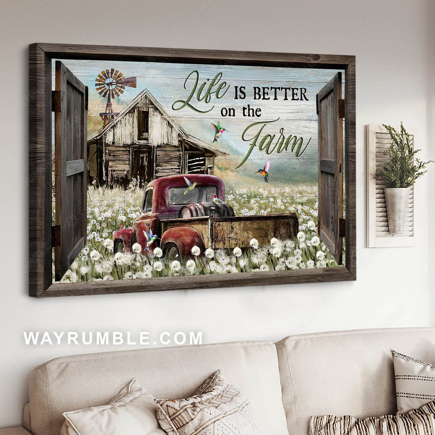 Awesome hummingbird, Red truck, Old barn, Dandelion field, Life is better on the farm - Farm Landscape Canvas Prints, Wall Art