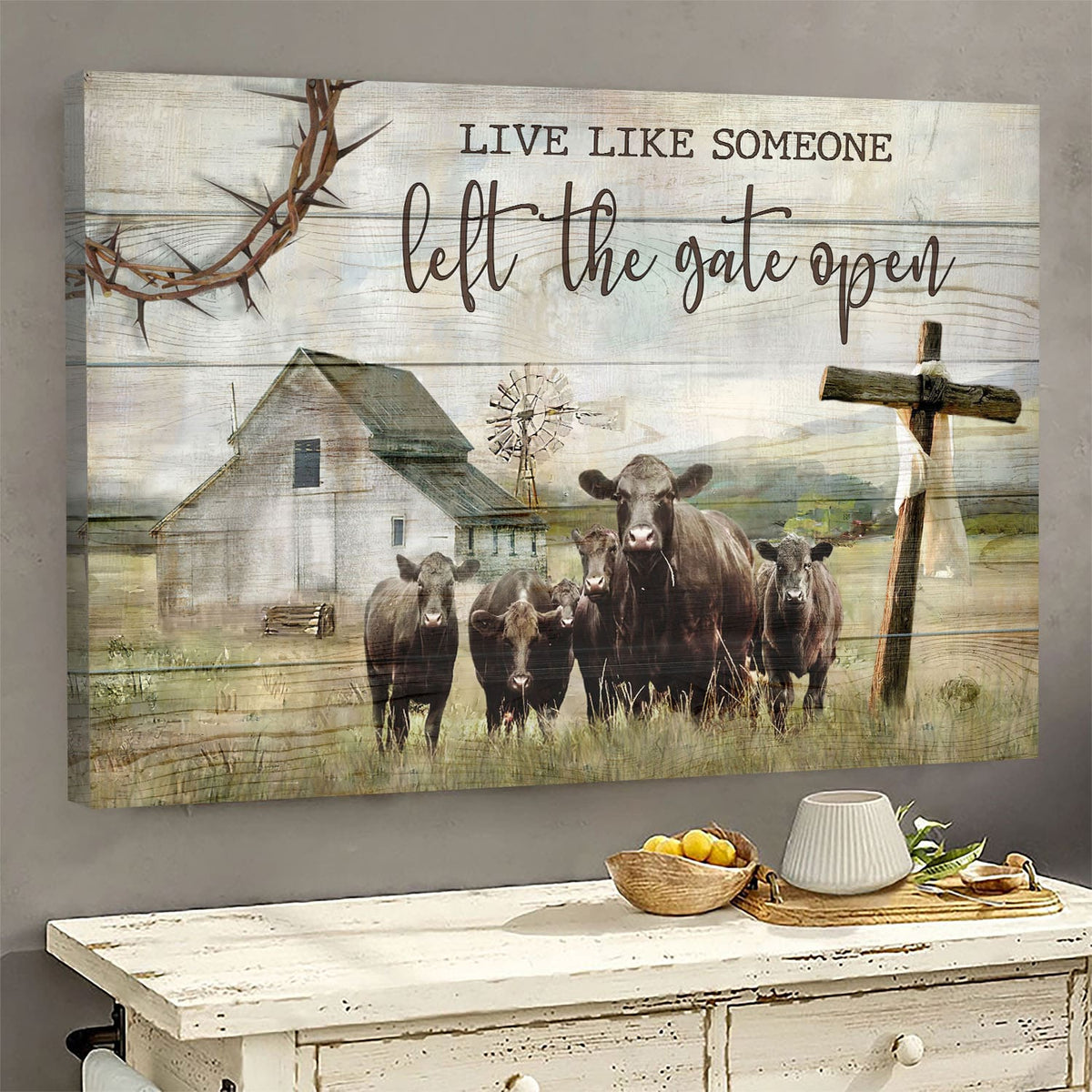 Tranquil farm, Aberdeen Angus, Wooden Cross, Live like someone, left the gate open - Jesus Landscape Canvas Prints, Wall Art