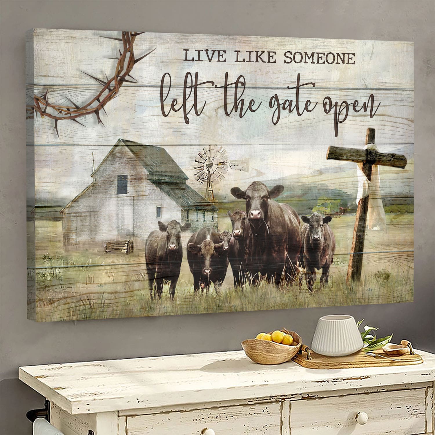 Tranquil farm, Aberdeen Angus, Wooden Cross, Live like someone, left the gate open - Jesus Landscape Canvas Prints, Wall Art