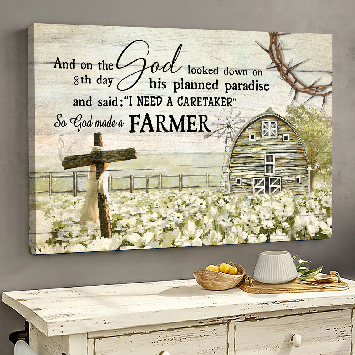 Daisy farm, Cross, Old barn painting, So God made a farmer - Farm Landscape Canvas Prints, Wall Art