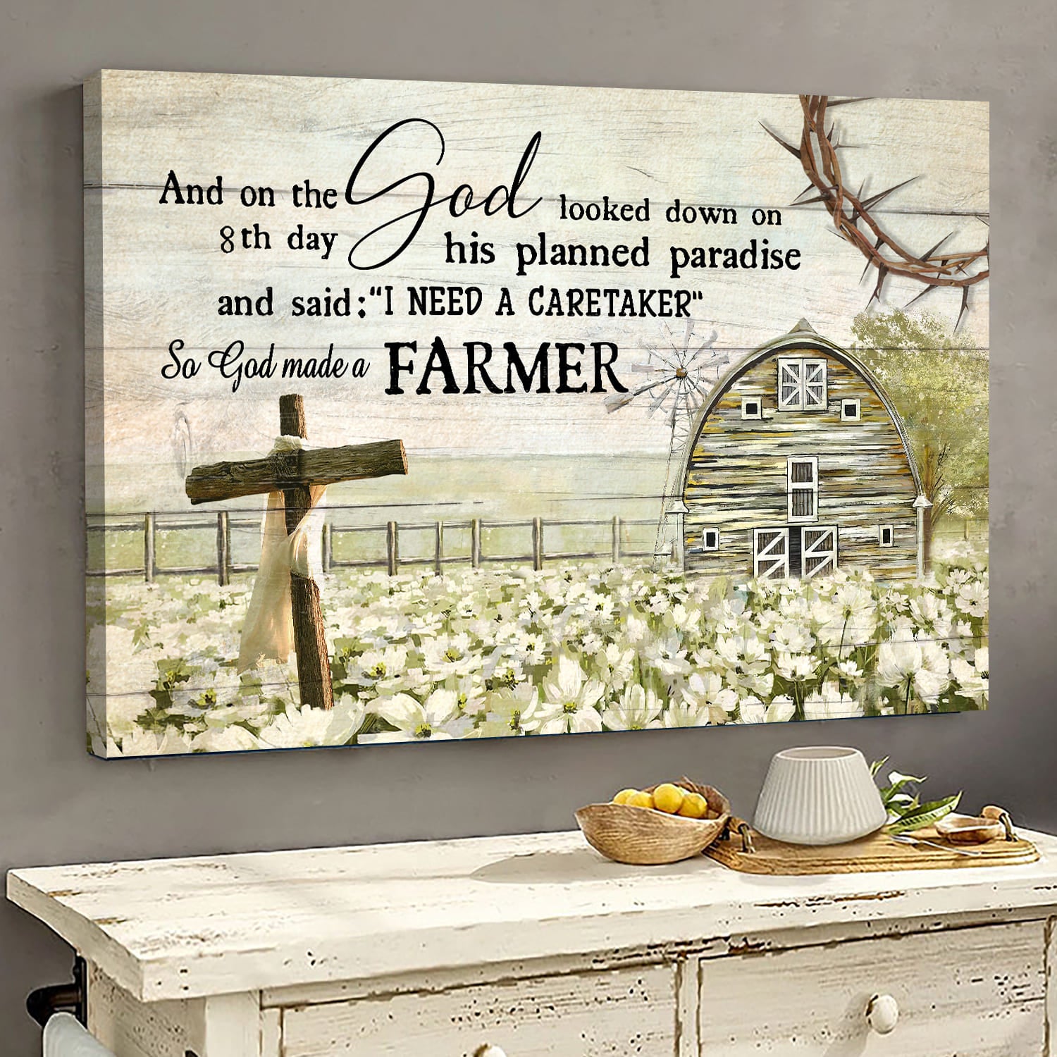 Daisy farm, Cross, Old barn painting, So God made a farmer - Farm Landscape Canvas Prints, Wall Art