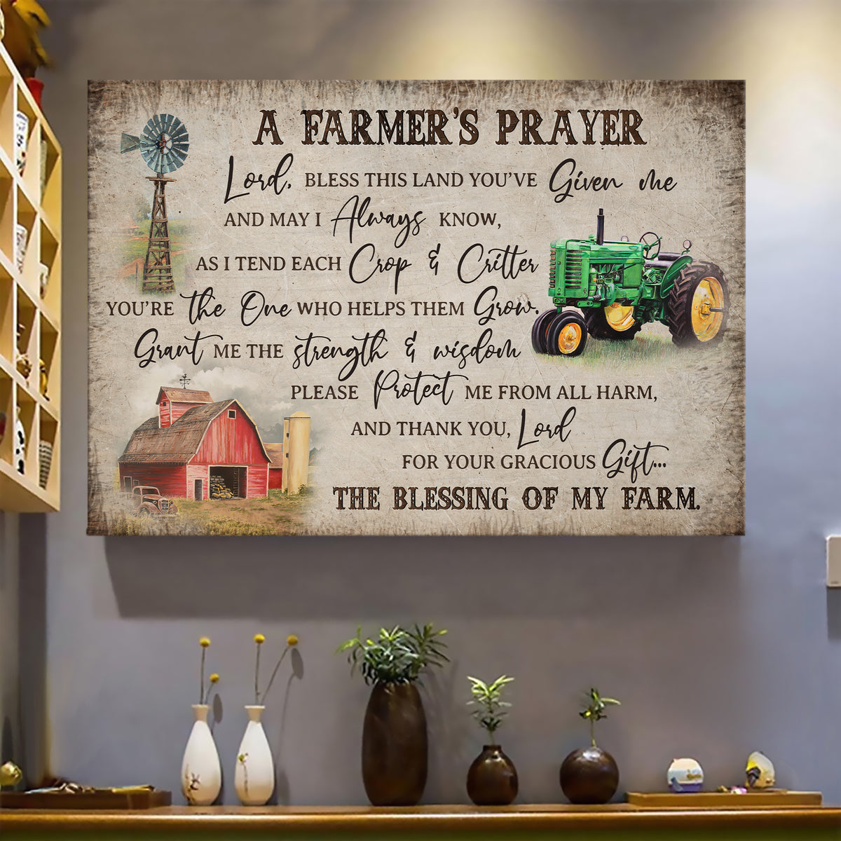 Electric tricycle, Red barn, Windmill, A farmer&#39;s prayer - Jesus Landscape Canvas Prints, Wall Art