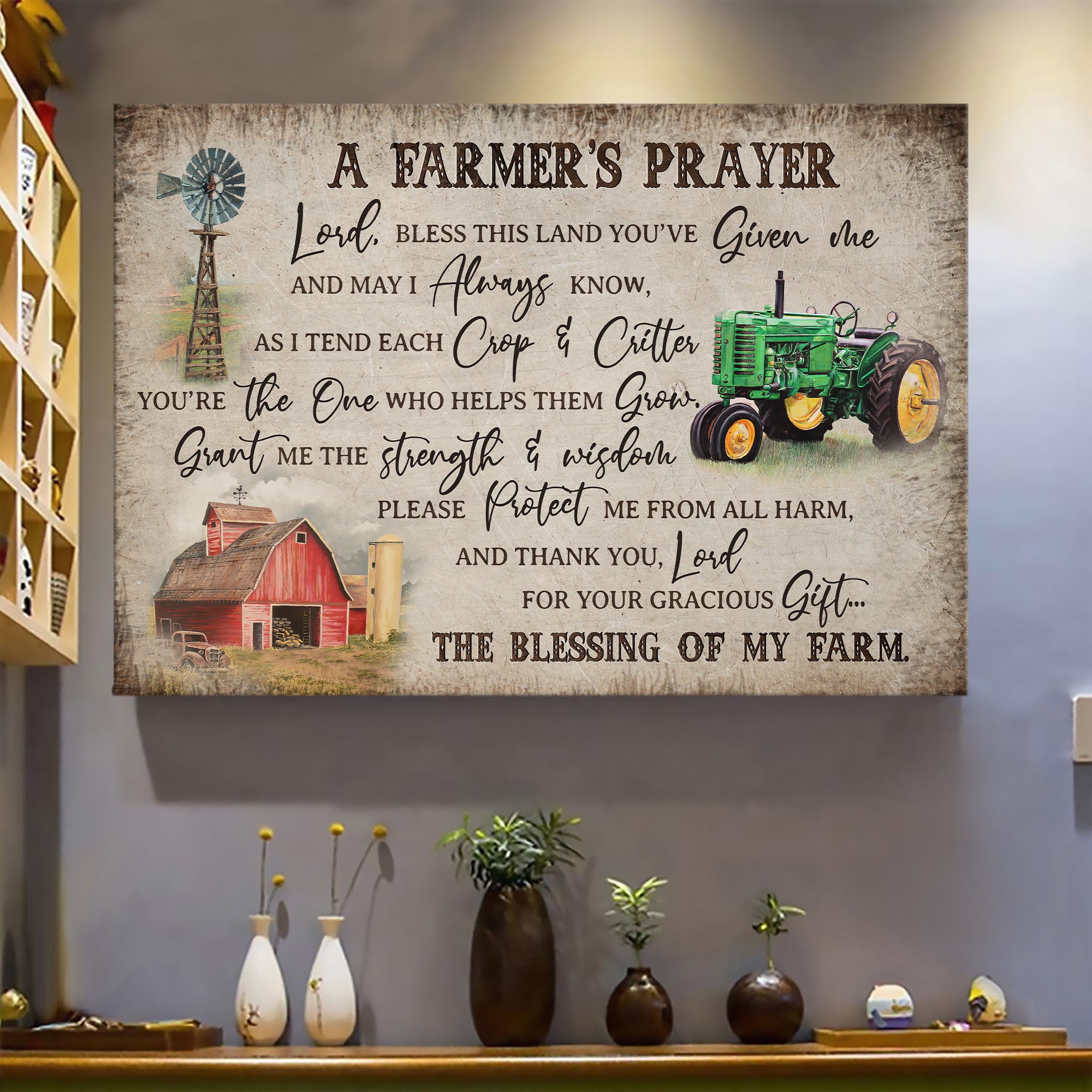 Electric tricycle, Red barn, Windmill, A farmer's prayer - Jesus Landscape Canvas Prints, Wall Art