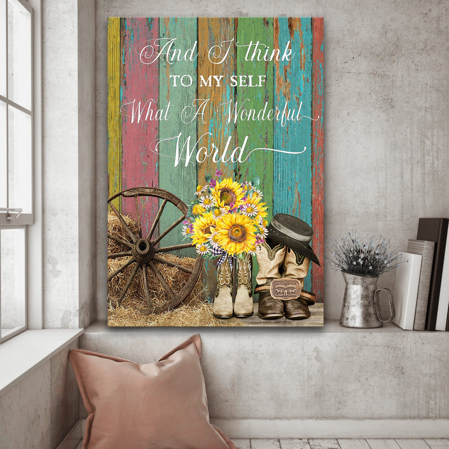 Farming boots, Sunflower, Cattle Wheel, And I think to my self what a wonderful world - Farm Portrait Canvas Prints, Wall Art