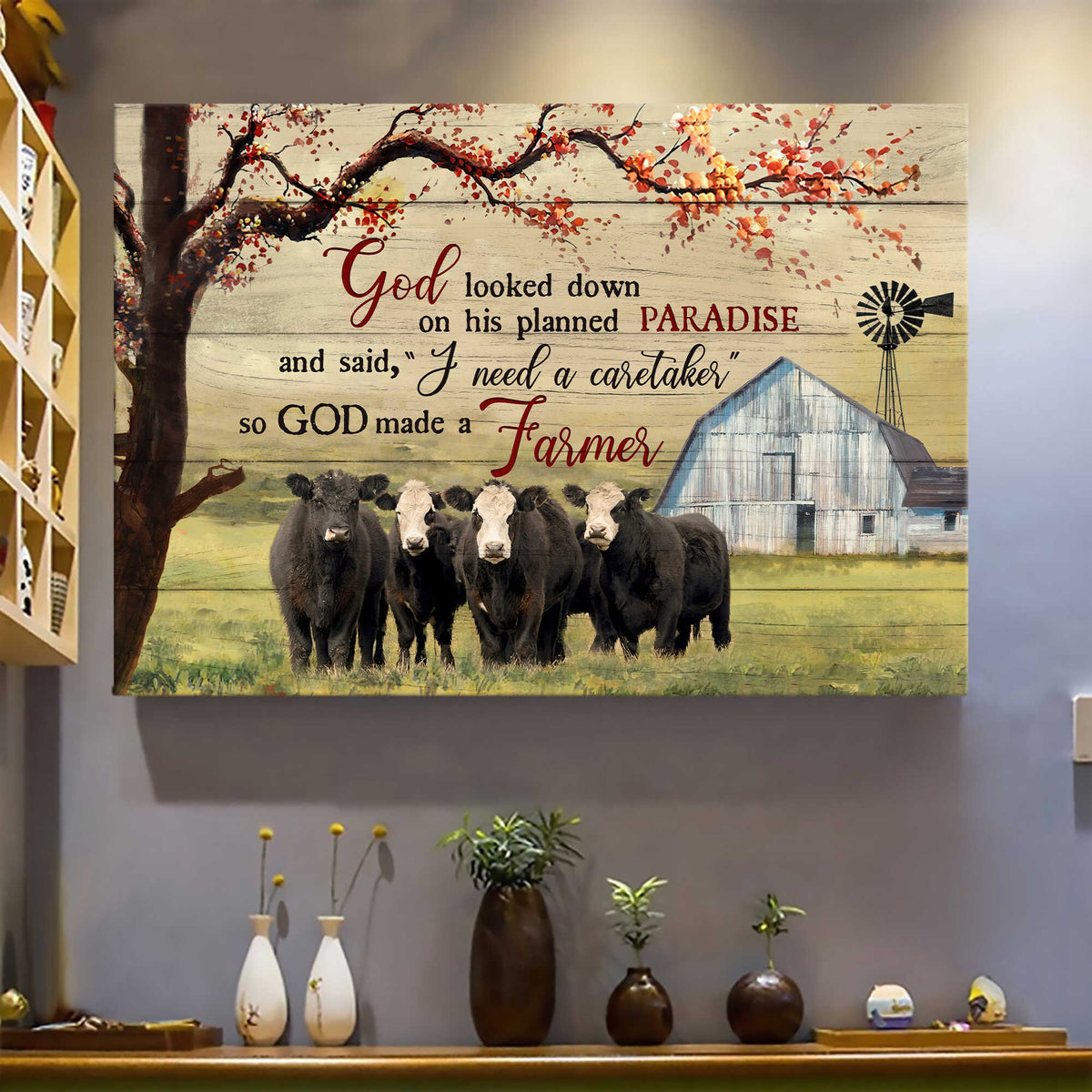 Aberdeen Angus, Tranquil farm, Under the tree, God looked down on his planned paradise - Farm Landscape Canvas Prints, Wall Art