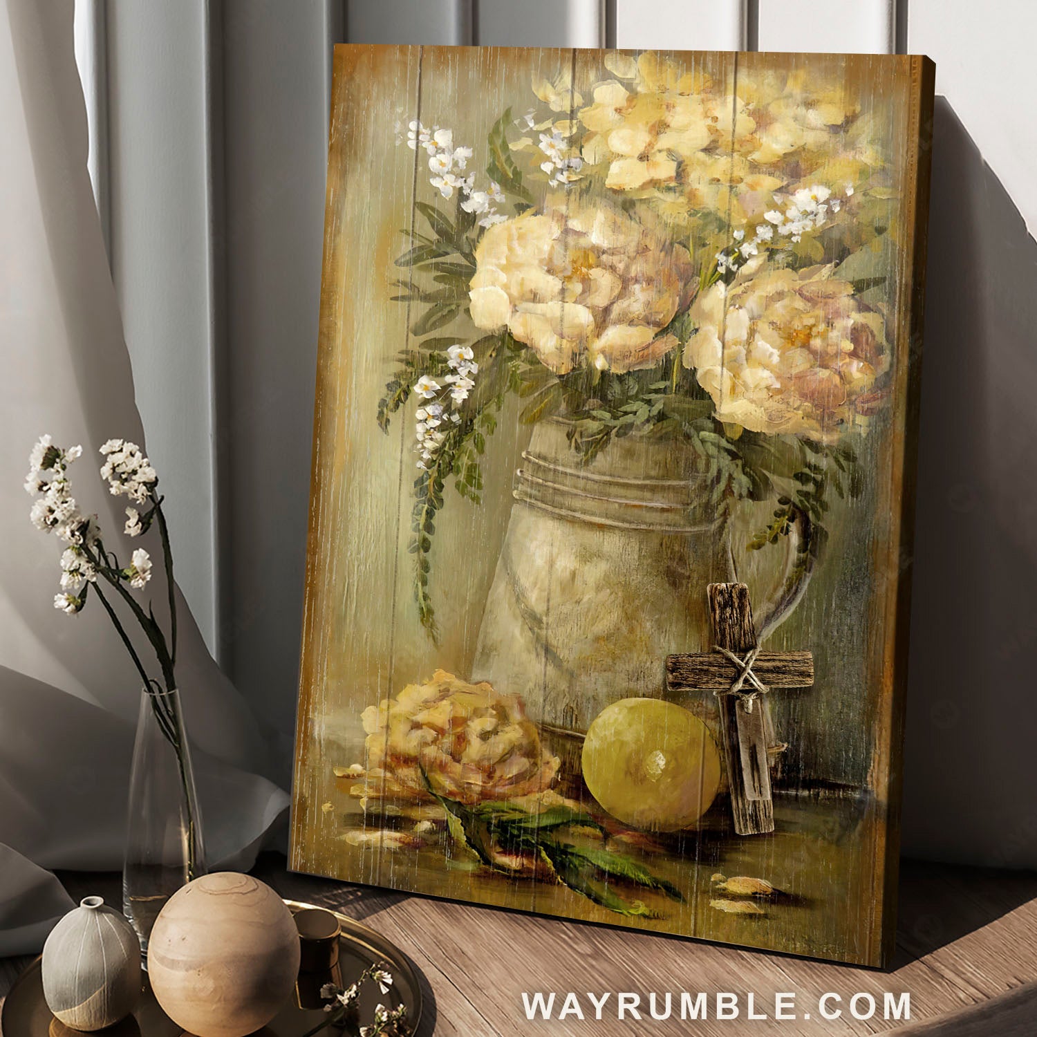 White flower painting, Vintage art, Wooden cross - Jesus Portrait Canvas Prints, Home Decor Wall Art
