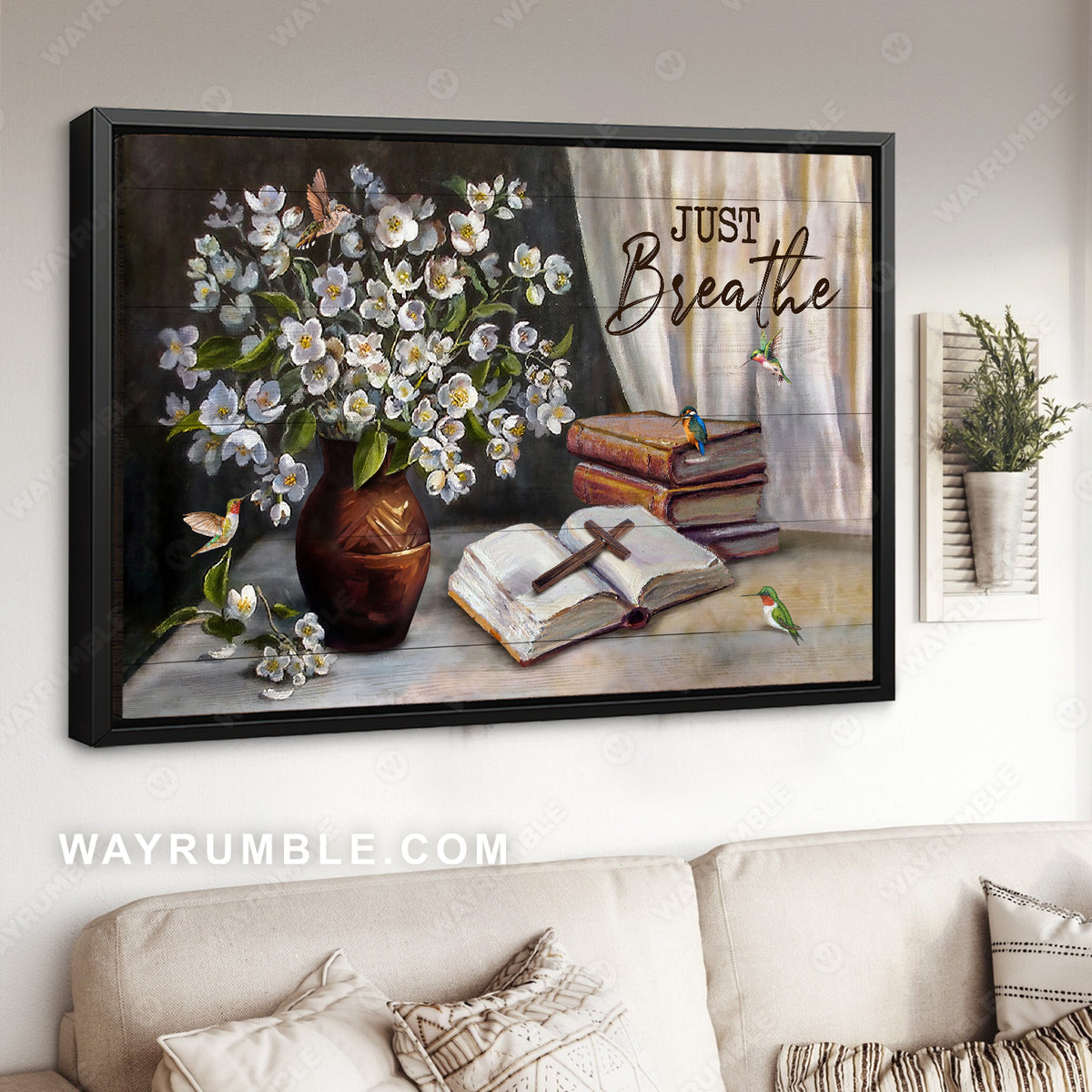 Flower vase, Books, Cross, Just breathe - Jesus Landscape Canvas Prints, Christian Wall Art