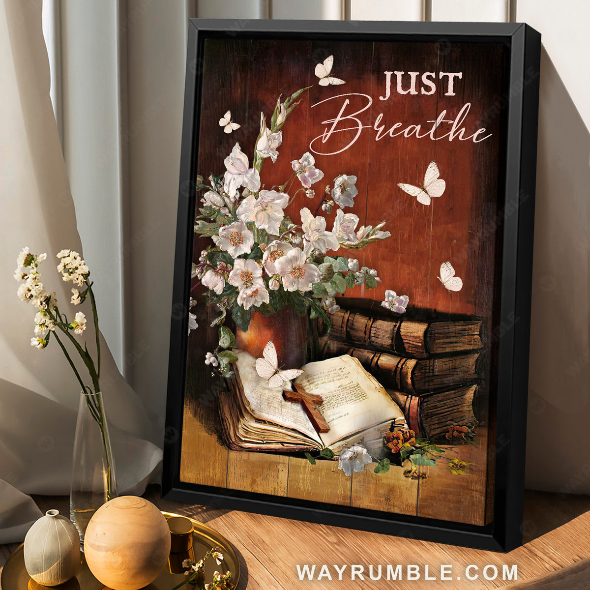 Flower vase, Butterfly, Books, Wooden cross, Just breathe - Jesus Portrait Canvas Prints, Christian Wall Art