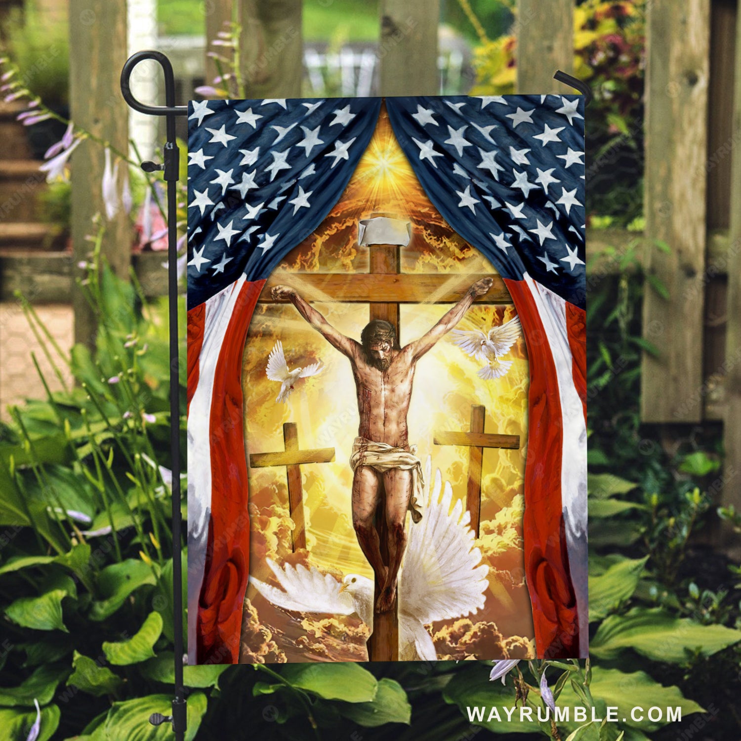 Crucifixion of Jesus, Three crosses, American flag, Holy spirit dove - Jesus Flag