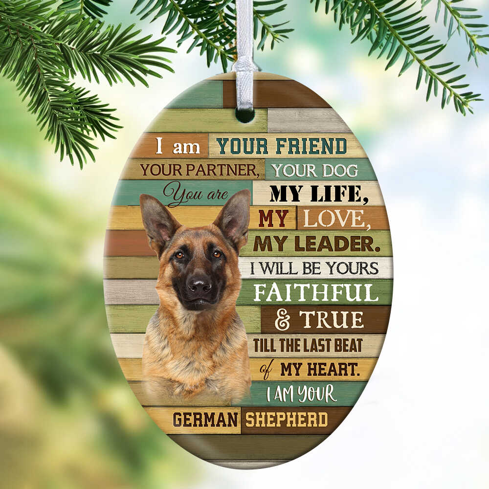German Shepherd, I am your friend, wooden background - Dog Oval Ceramic Ornament