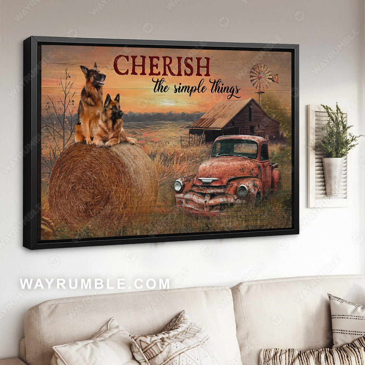 German Shepherd, Red old car, Farm painting, Cherish the simple thing - Dog Landscape Canvas Prints, Wall Art