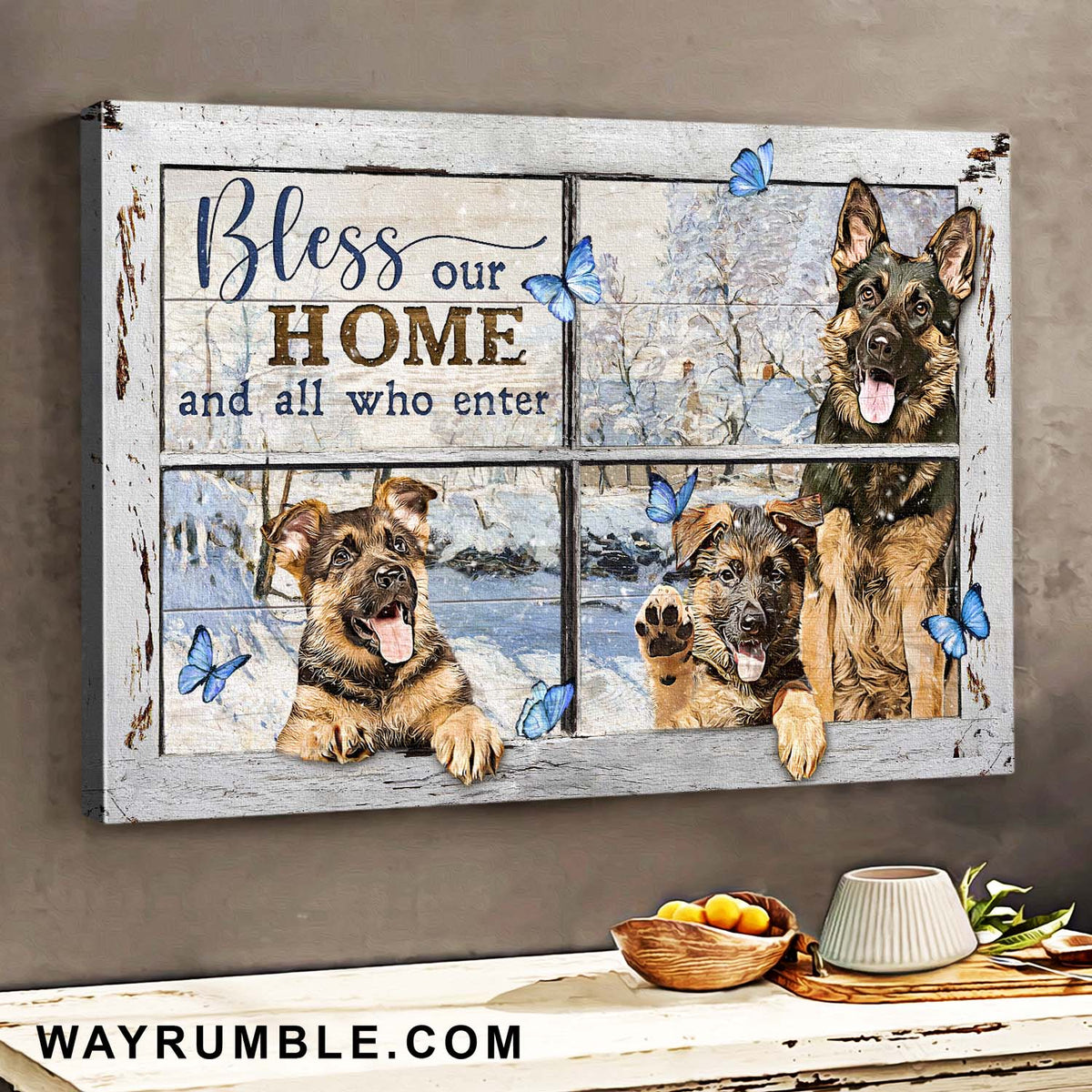 German shepherd, Butterfly, Bless our home and all who enter - Dog, Window Frame Landscape Canvas Prints, Wall Art