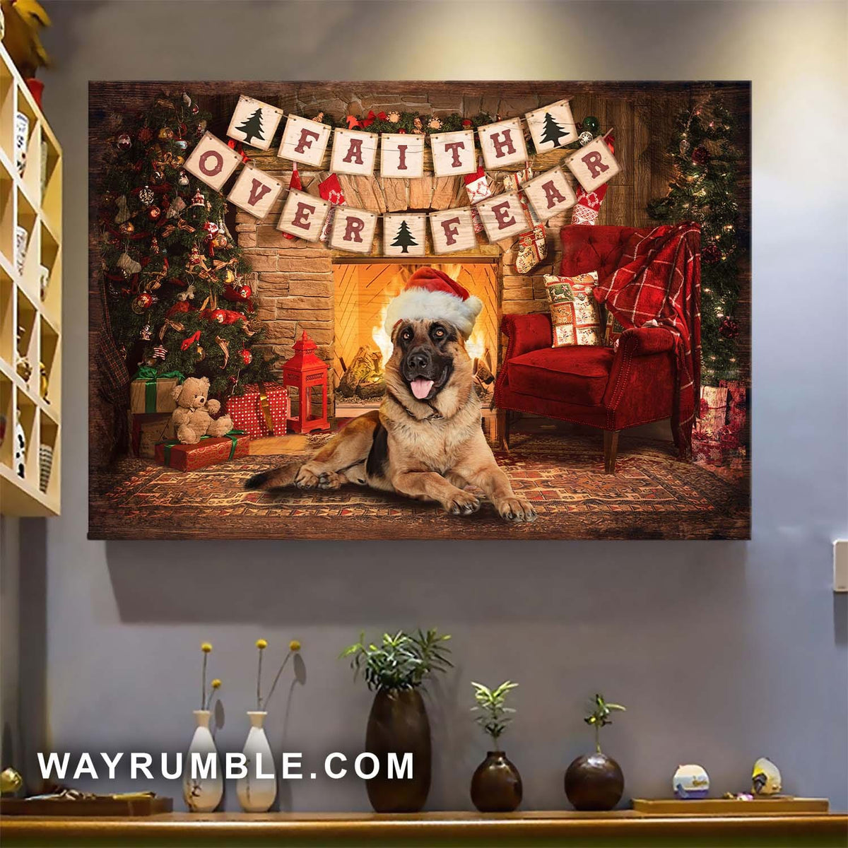 German Shepherd, Fireplace, Christmas, Faith over fear - Dog Landscape Canvas Prints, Wall Art