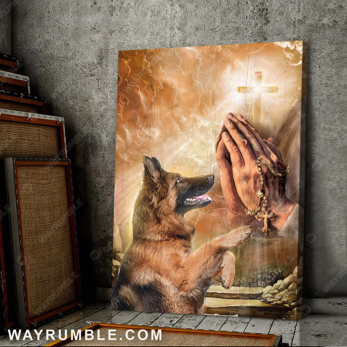 German Shepherd, Cross, Pray, A beautiful heaven - Jesus Portrait Canvas Prints, Wall Art
