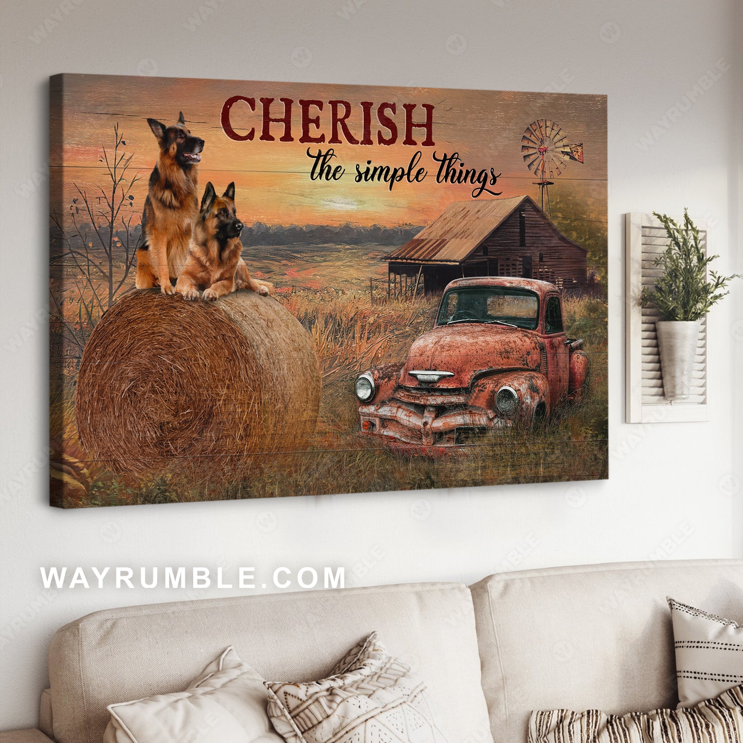 German Shepherd, Red old car, Farm painting, Cherish the simple thing - Dog Landscape Canvas Prints, Wall Art