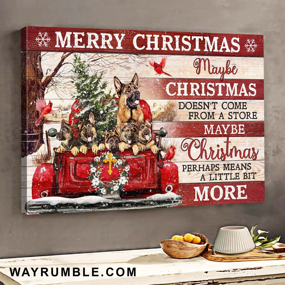 German shepherd, Red car, Christmas, Cardinal, Maybe Christmas perhaps means a little bit more - Dog Landscape Canvas Prints, Wall Art