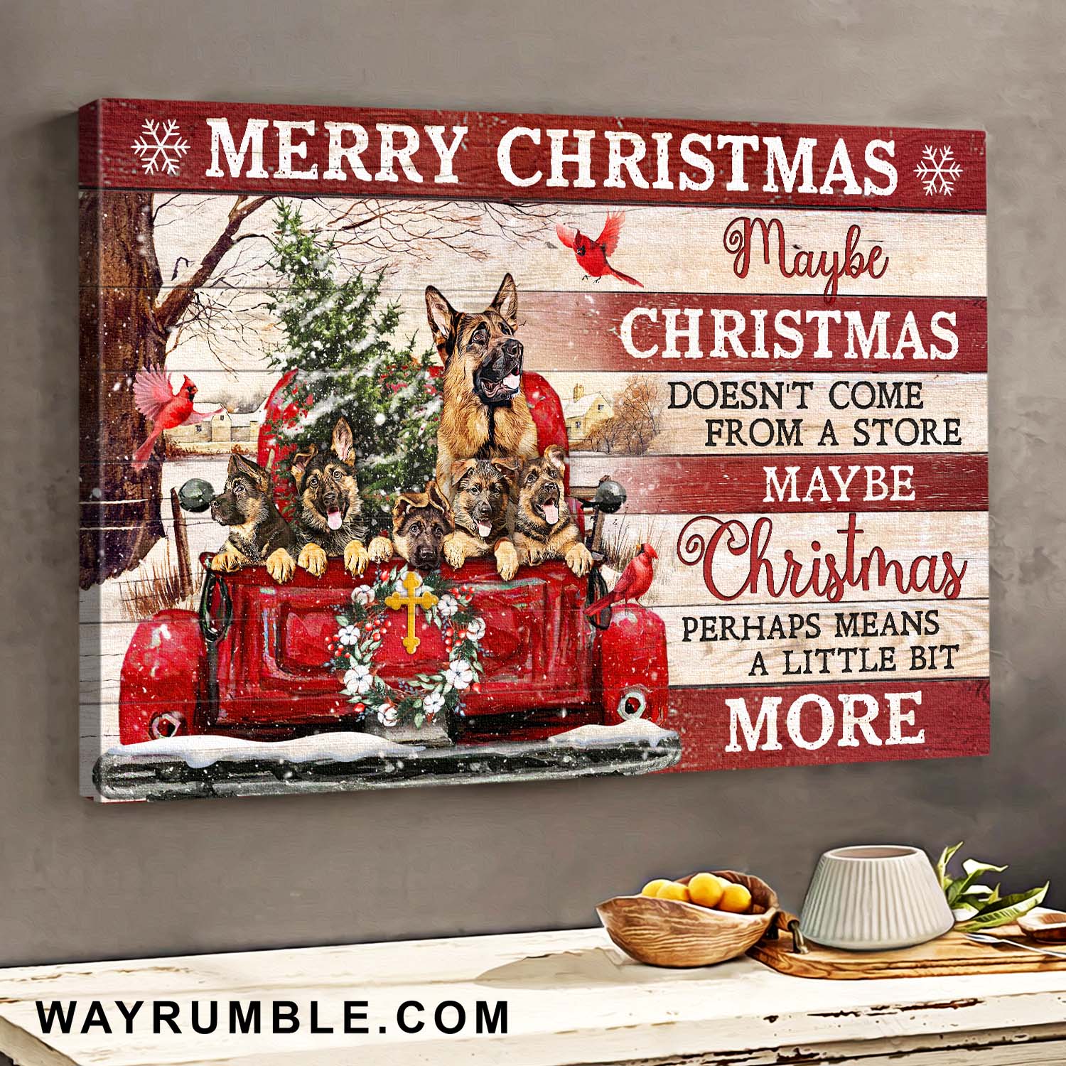 German shepherd, Red car, Christmas, Cardinal, Maybe Christmas perhaps means a little bit more - Dog Landscape Canvas Prints, Wall Art