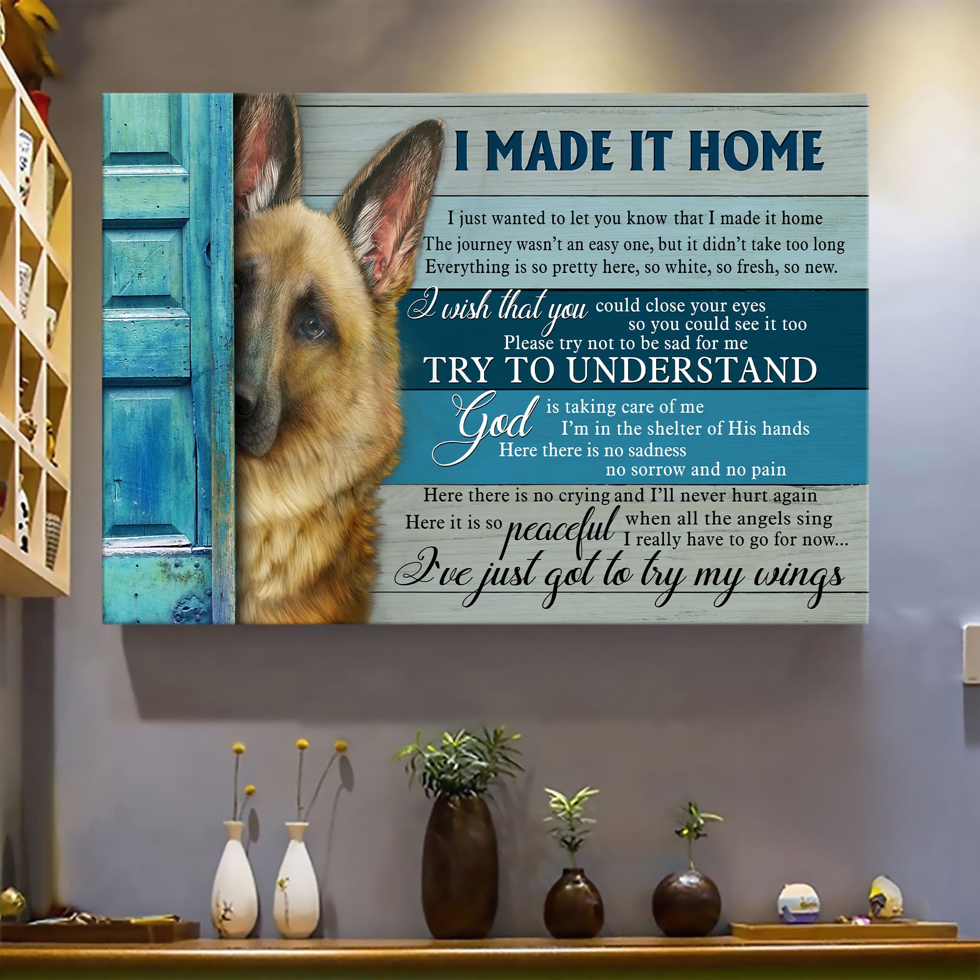 German shepherd, Behind the door, I made it home - Dog Landscape Canvas Prints, Wall Art