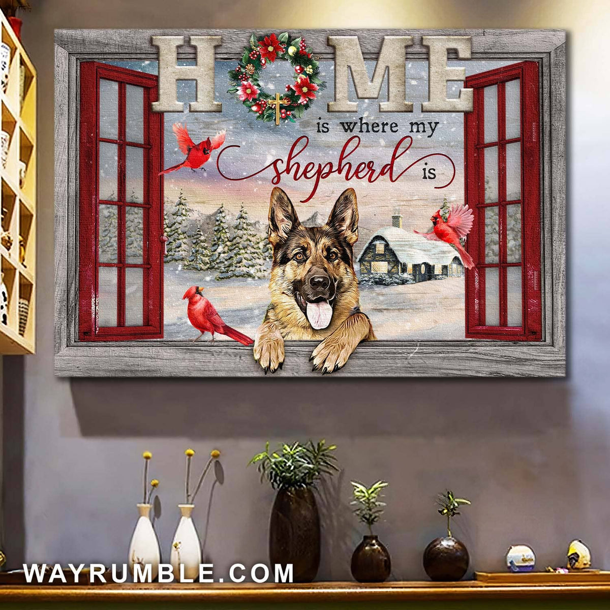 German shepherd, Cardinal, Christmas Wreath, Snow day, Home is where my Shepherd is - Dog, Window Frame Landscape Canvas Prints, Wall Art