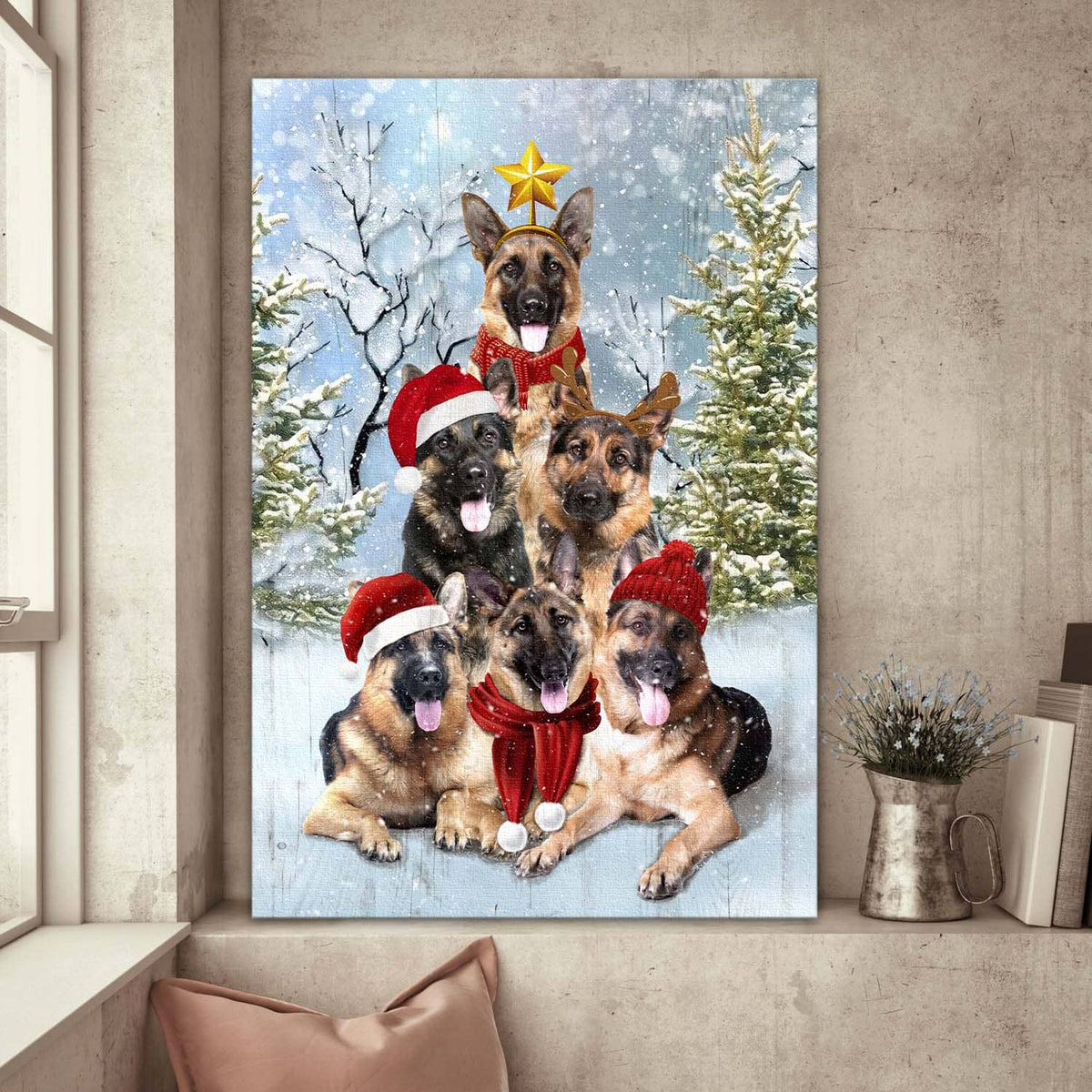 German shepherd, The happy Christmas tree - Dog Portrait Canvas print, Wall art