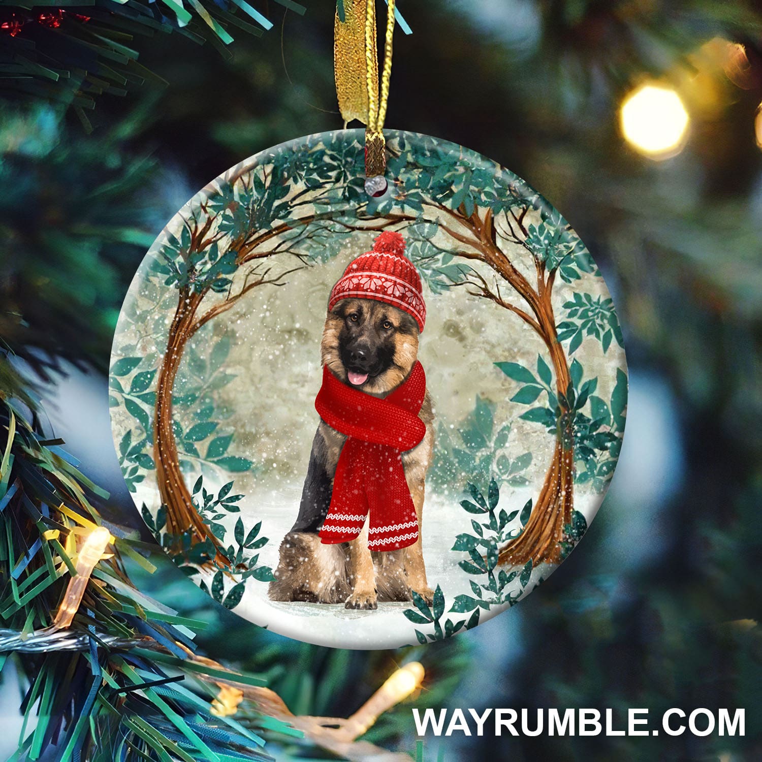 German Shepherd painting, amongst the trees, with the red scarf - Dog Ceramic Ornament