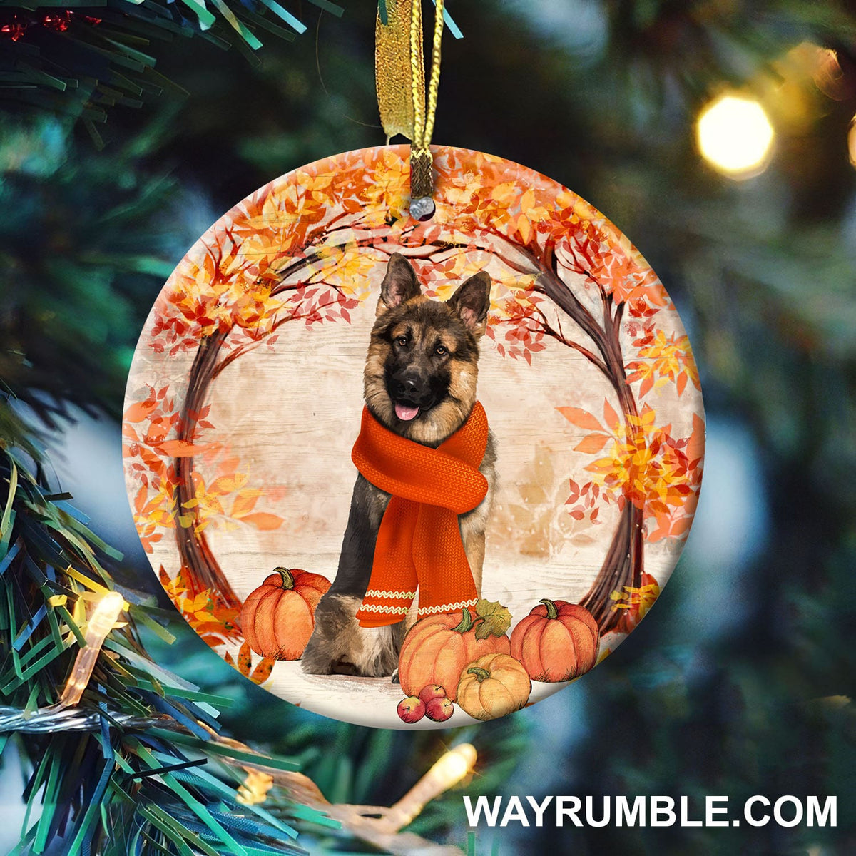 German Shepherd in autumn, Halloween with pumpkins - German Shepherd Circle Ceramic Ornament
