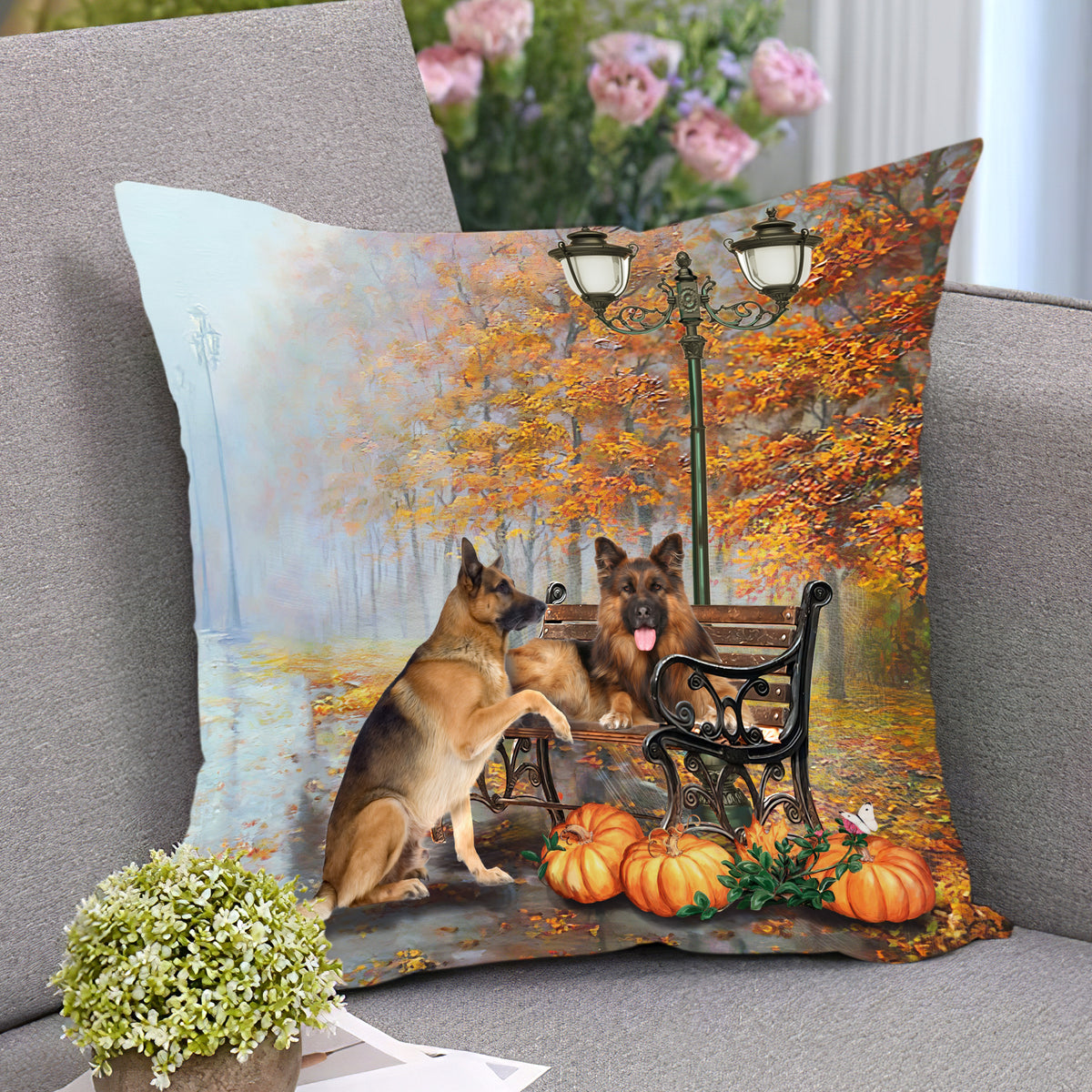 German Shepherd and Halloween pumpkins German Shepherd AOP Pillow