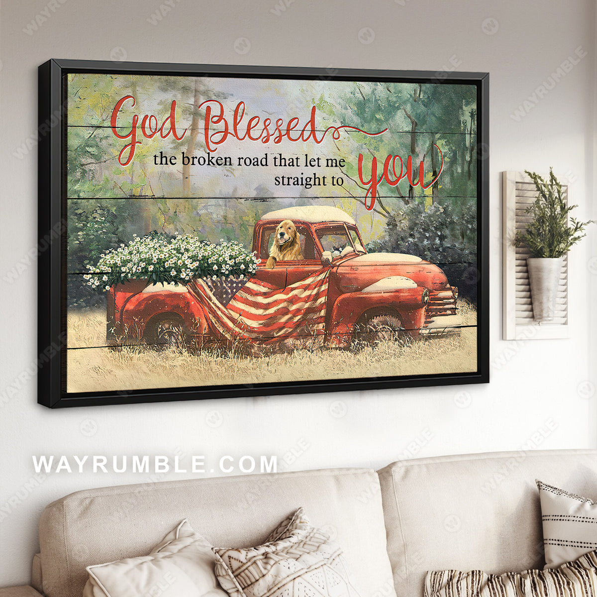 Daisy car, America flag, Golden Retriever, God blessed the broken road - Jesus Landscape Canvas Prints, Wall Art