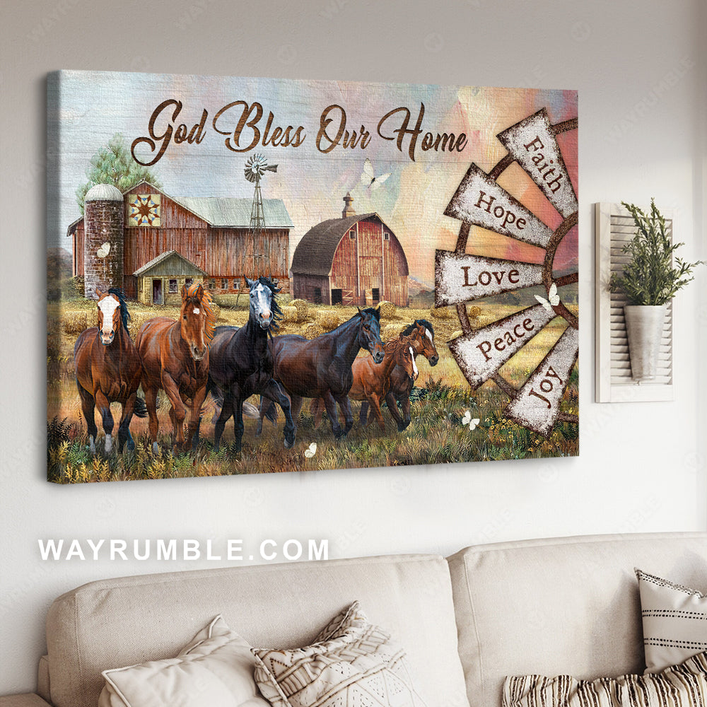 Amazing horses, Beautiful farm, Windmill drawing, God bless our home - Jesus Landscape Canvas Prints, Home Decor Wall Art