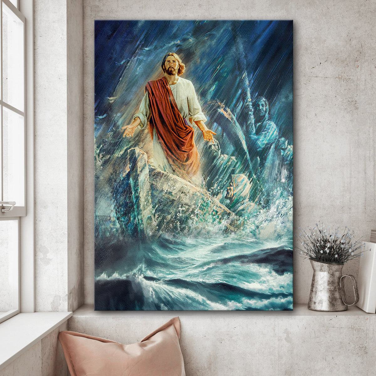 Jesus Painting, Storm ocean, On the boat - Jesus Portrait Canvas Prints, Wall Art