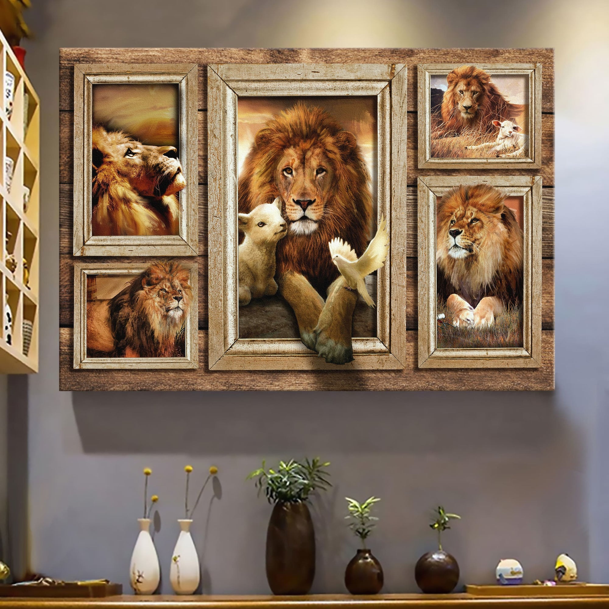 Lion of Judah, Lamb of God - Beautiful lion and lamb in picture frames Jesus Landscape Canvas Prints, Wall Art