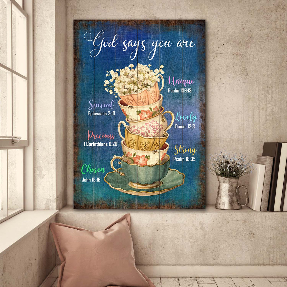 Flower, Tea cups, God says you are - Jesus Portrait Canvas Prints, Wall Art