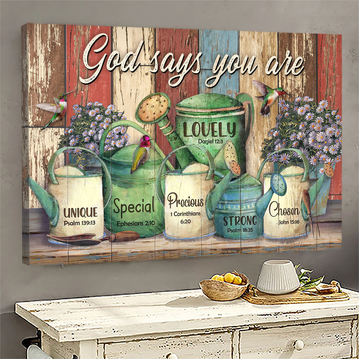 Watering, Flower vase, Hummingbird, God says you are - Jesus Landscape Canvas Prints, Wall Art