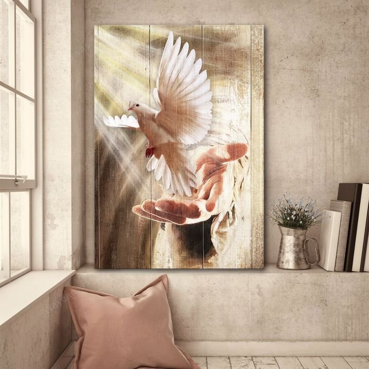 White dove, Jesus hand, Infinite halo, A dove on his hand - Jesus Portrait Canvas Prints, Wall Art