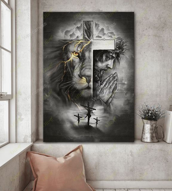 Jesus Painting, Cross, Lion of Judah, Lightning - Jesus Portrait Canvas Prints, Wall Art