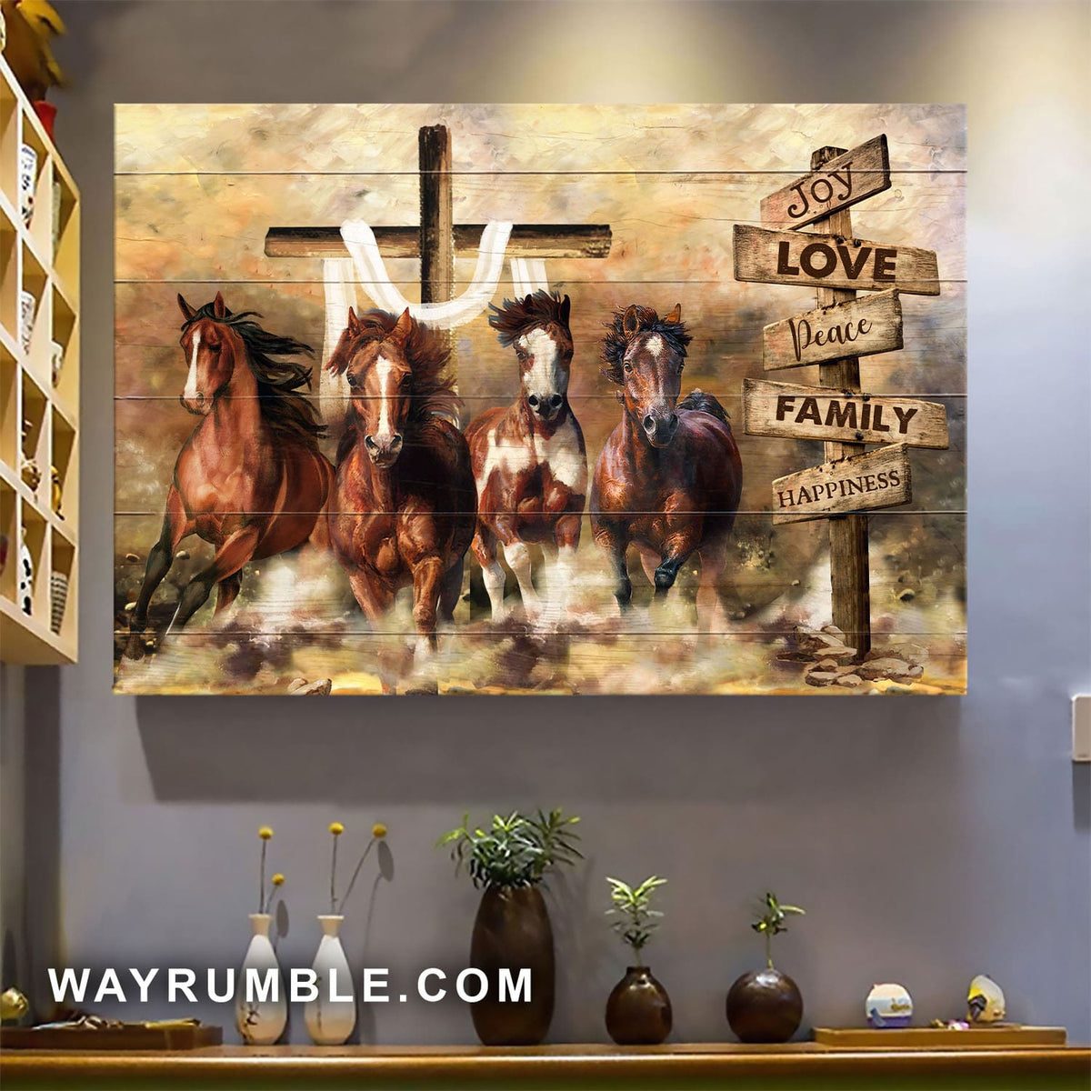 Horse, Wooden Cross, Joy, love, peace, family, happiness - Jesus Landscape Canvas Prints, Wall Art