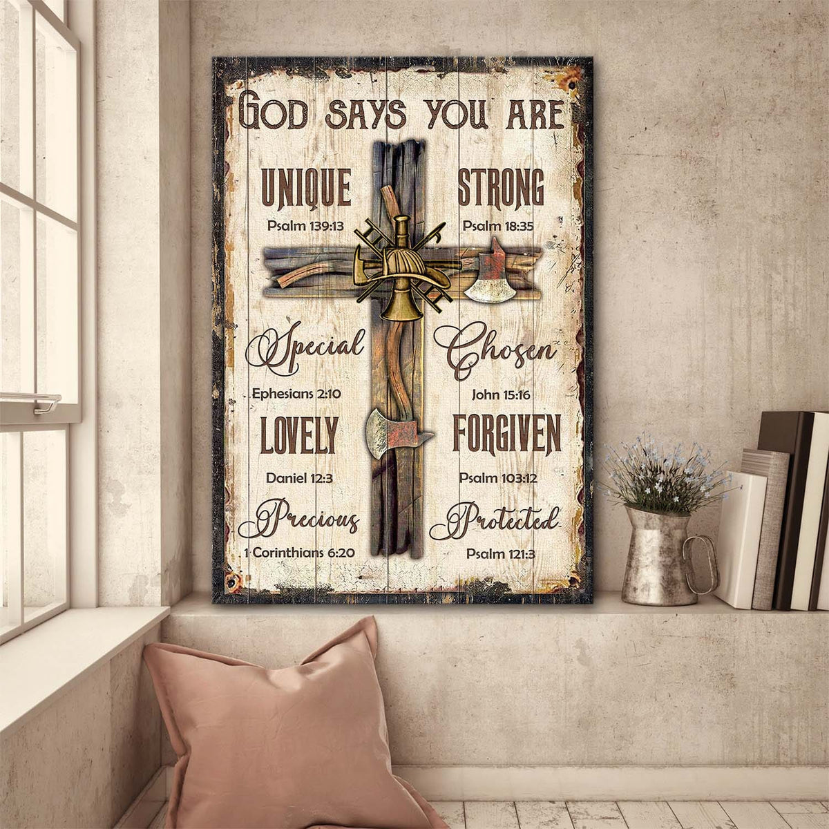 Wooden cross, Axe, Bell, God says you are - Jesus Portrait Canvas Prints, Wall Art