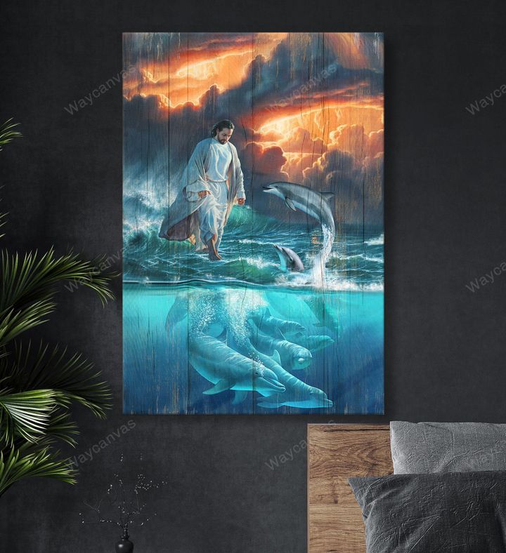 Jesus Painting, Walking on the sea, Beautiful Dolphin - Jesus Portrait Canvas Prints, Wall Art