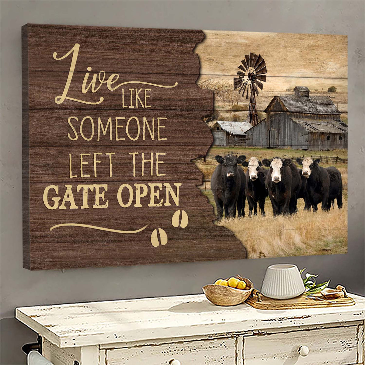 Aberdeen Angus, Tranquil farm, Live like someone left the gate open - Jesus Landscape Canvas Prints, Wall Art