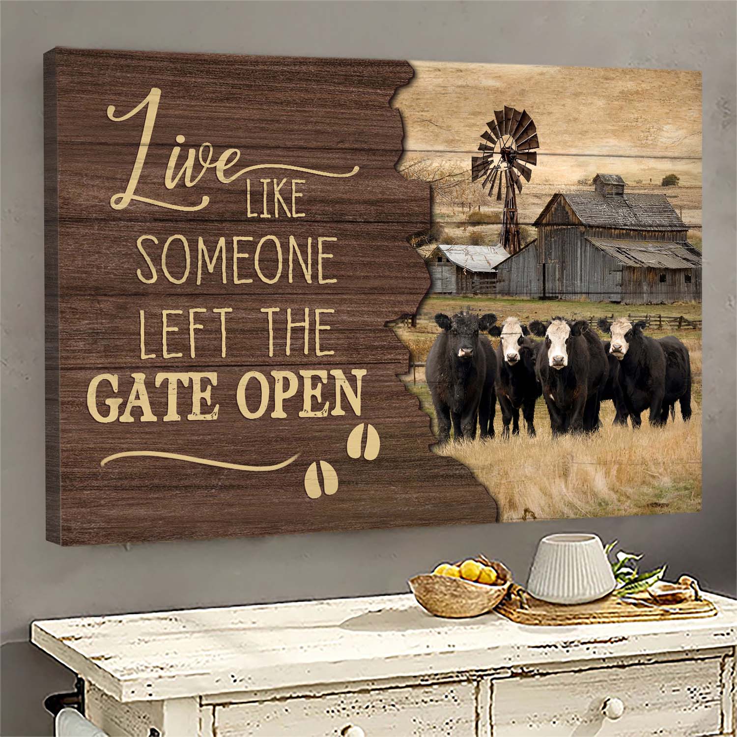 Aberdeen Angus, Tranquil farm, Live like someone left the gate open - Jesus Landscape Canvas Prints, Wall Art