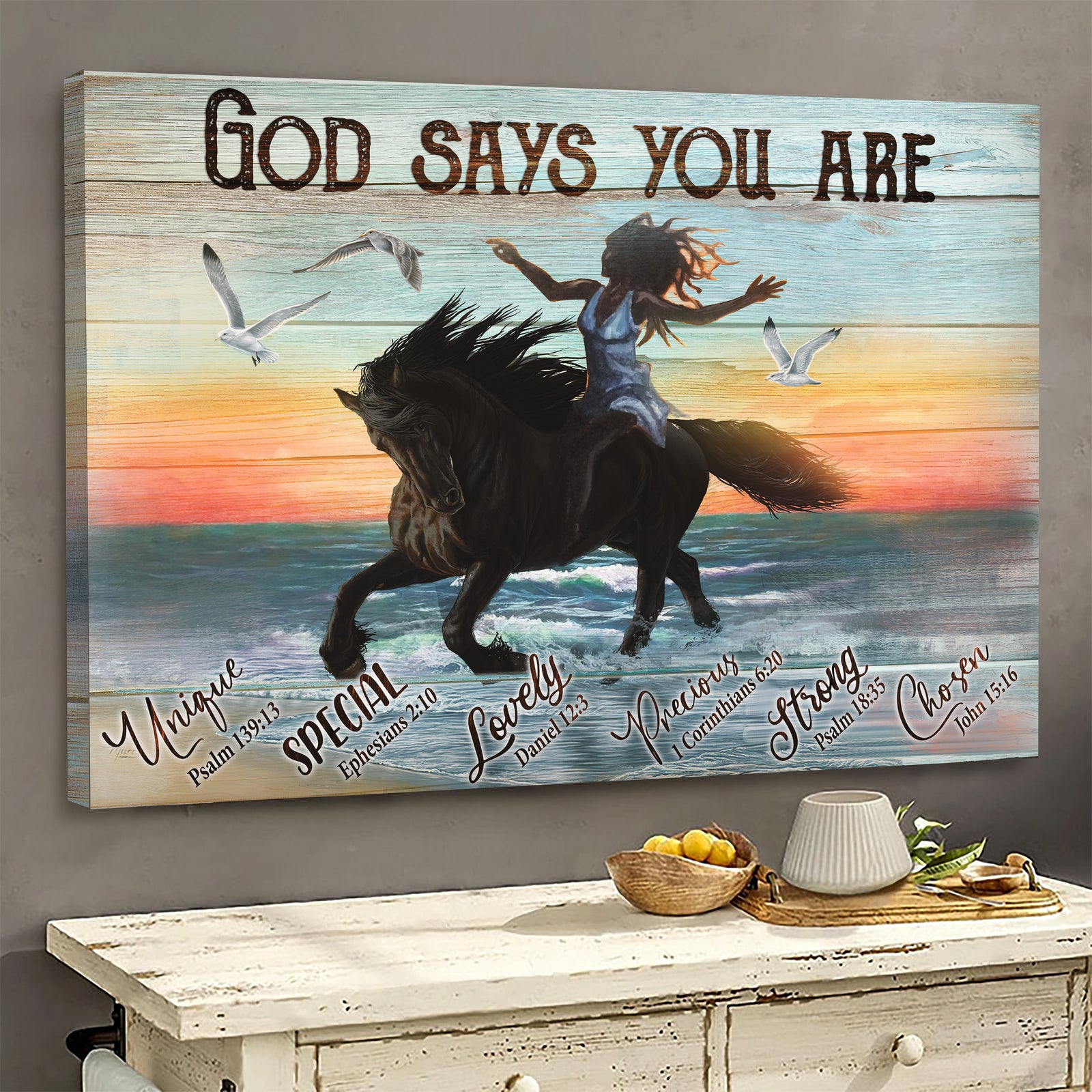 Girl riding horse, Beach, Gulls, God says you are - Jesus Landscape Canvas Prints, Wall Art