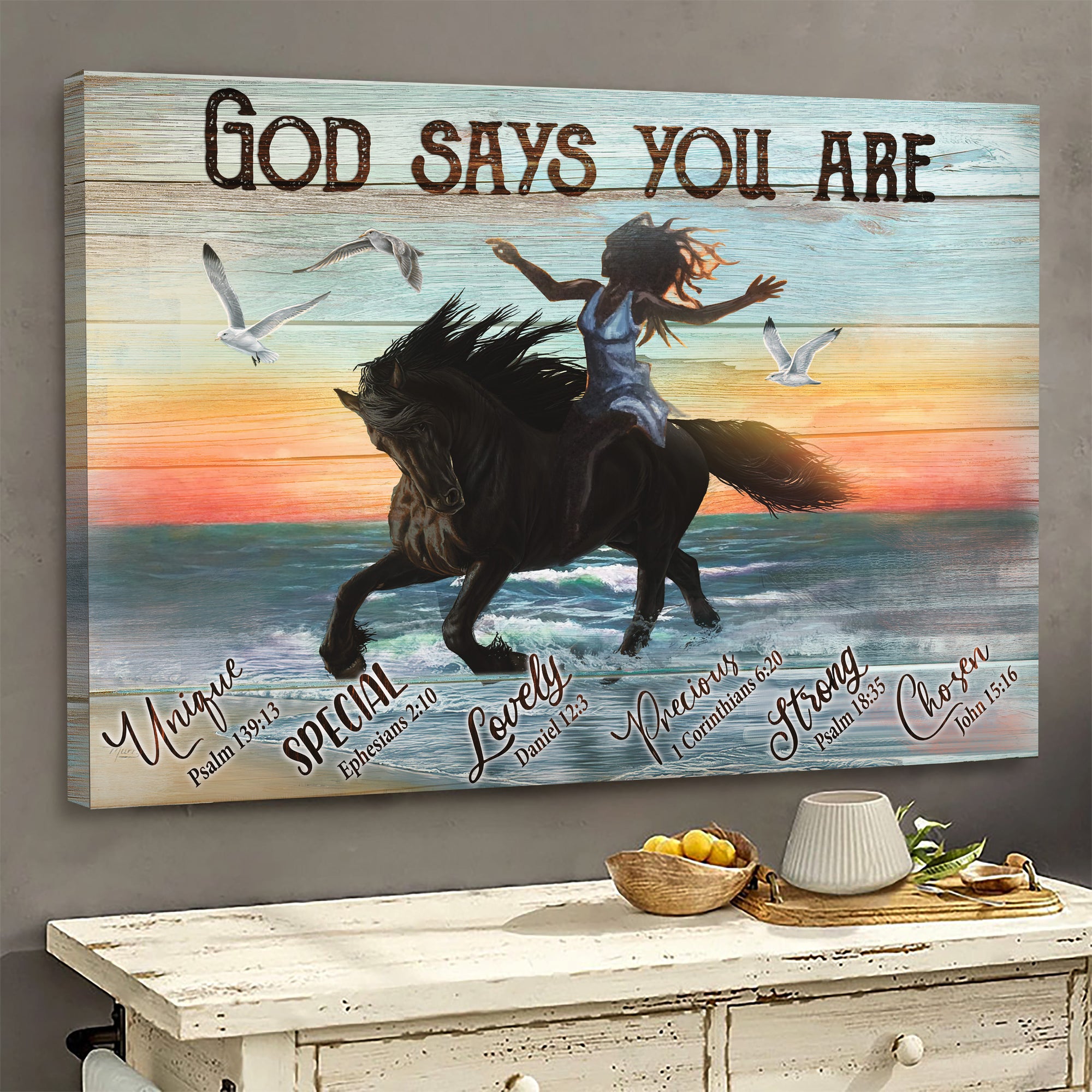 Girl riding horse, Beach, Gulls, God says you are - Jesus Landscape Canvas Prints, Wall Art