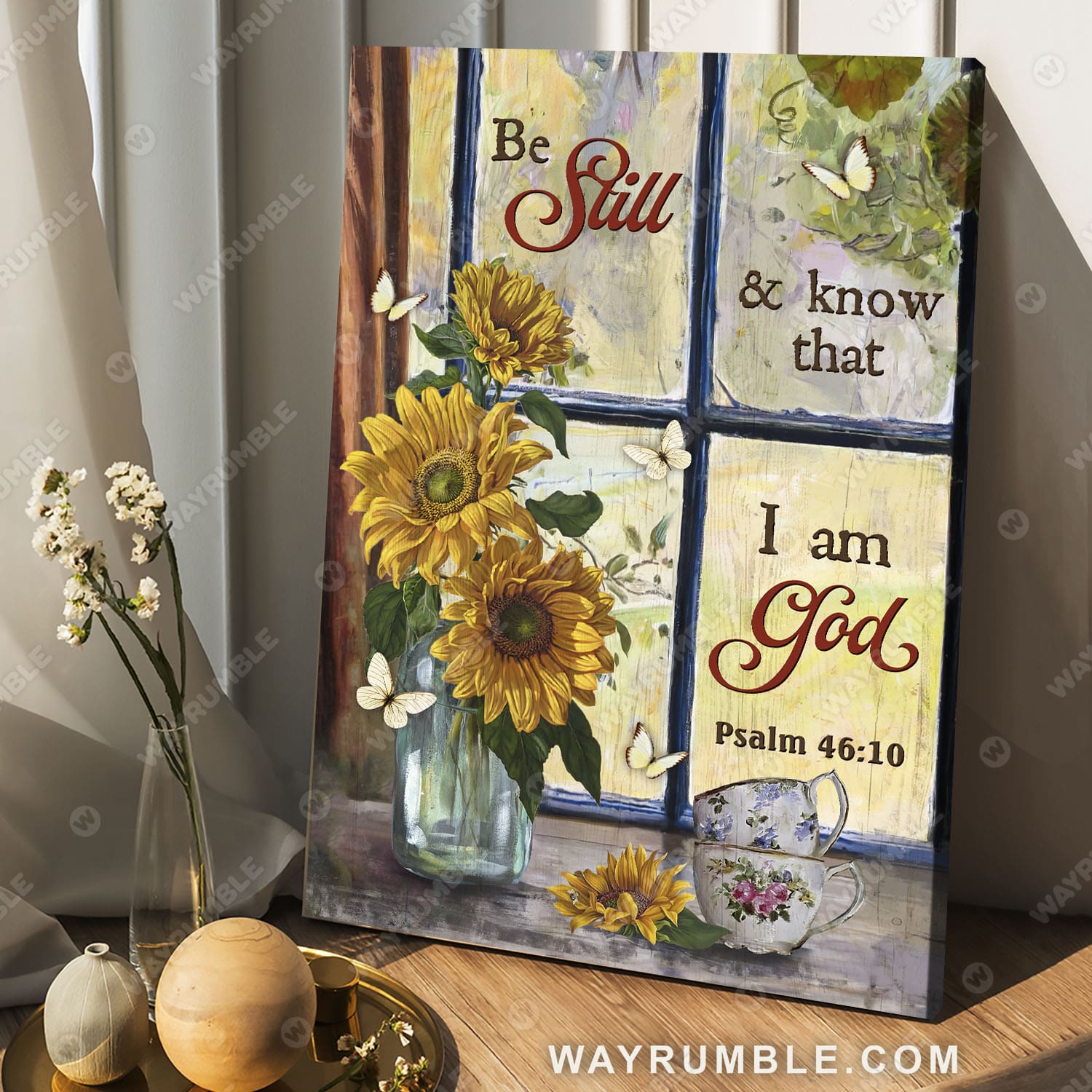 Jesus, Sunflower, Tea cups, Bible, Be still & know that I am God - Jesus Portrait Canvas Prints, Wall Art