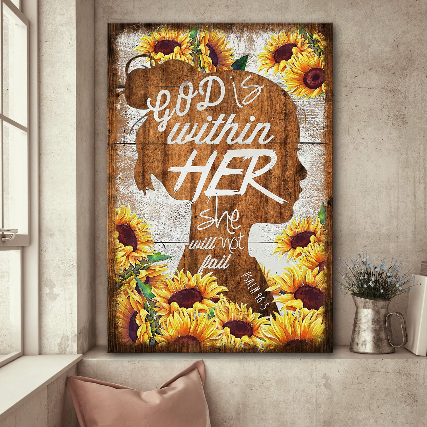 Sunflower, Shadow Girl, God is within her, she will not fail - Jesus Portrait Canvas Prints, Wall Art