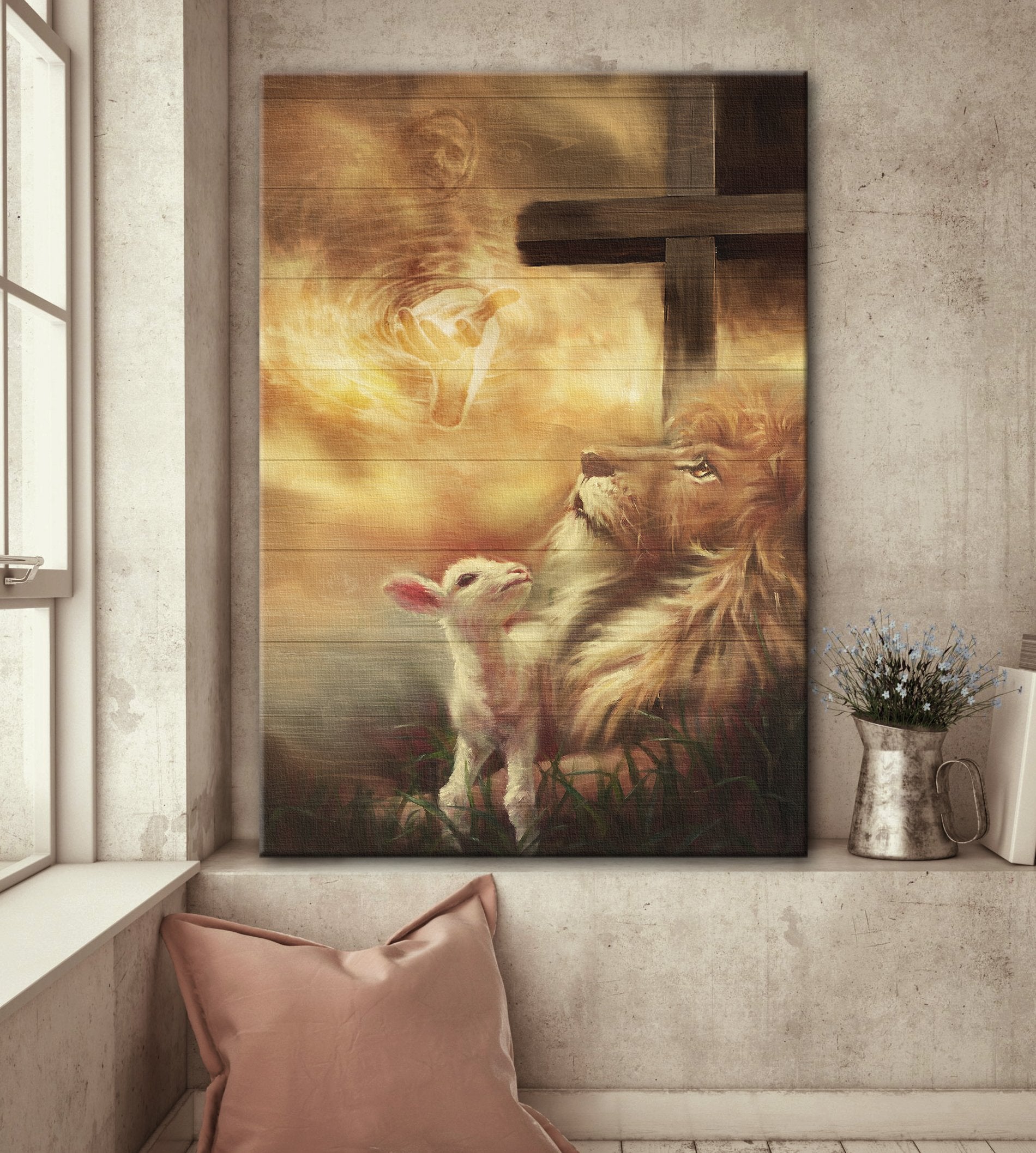 Beautiful lion and lamb, Lion of Judah, Lamb of God - Jesus Portrait Canvas Prints, Wall Art 