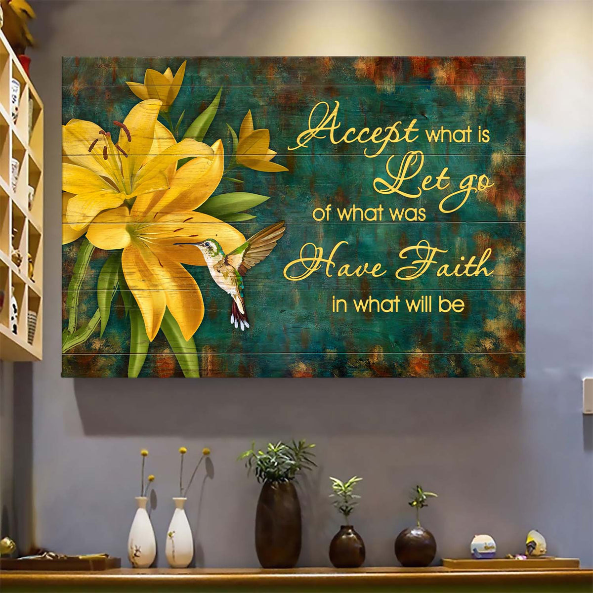 Jesus, Lily flower, Hummingbird - Accept what is, have faith in what will be Landscape Canvas Prints, Wall Art