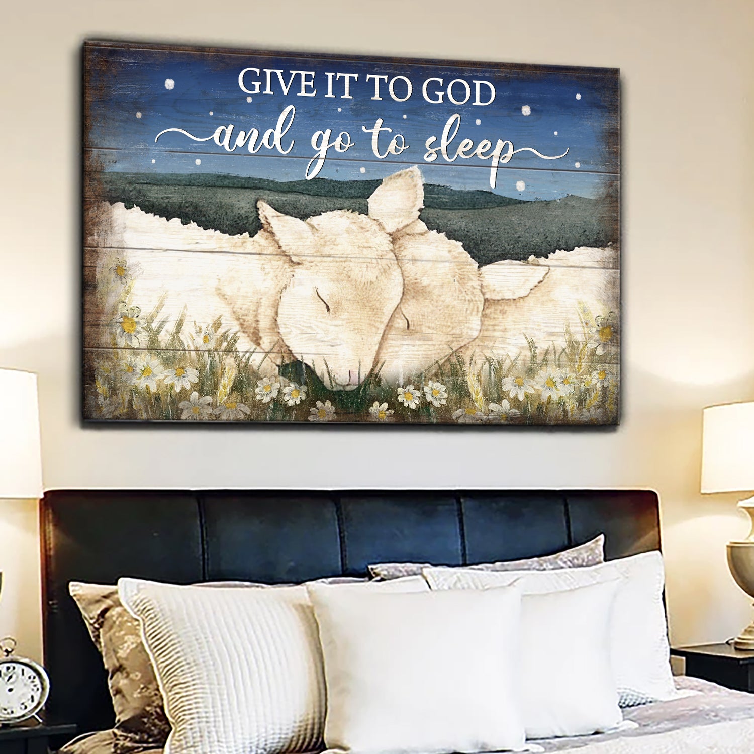 Lambs painting, Beautiful night, On the field, Give it to God and go to sleep - Jesus Landscape Canvas Prints, Wall Art