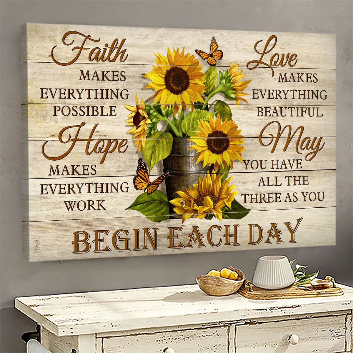 Butterfly, Sunflower, Faith hope love, May you have all the three as you begin each day - Jesus Landscape Canvas Prints, Wall Art
