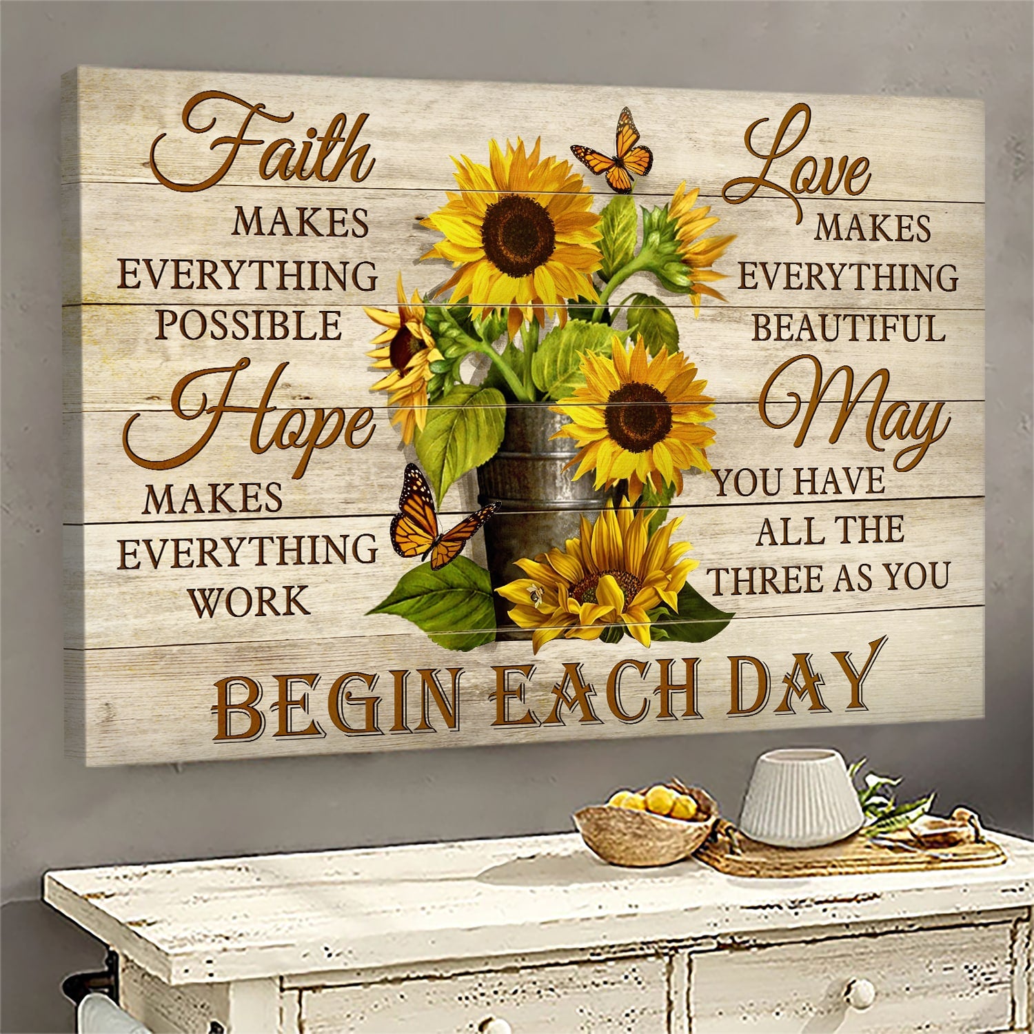 Butterfly, Sunflower, Faith hope love, May you have all the three as you begin each day - Jesus Landscape Canvas Prints, Wall Art